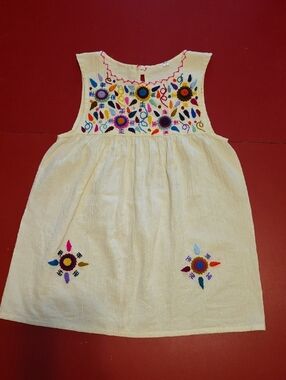 Girls' Cream Embroidered Sleeveless Dress - Colorful Floral Detail